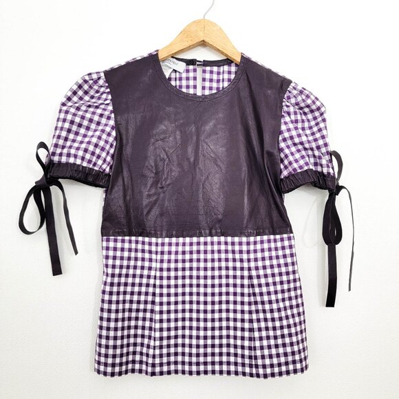 Vintage Yves Saint Laurent Purple Gingham Plaiand Leather Tie Shoulder Blouse XS - Picture 1 of 11
